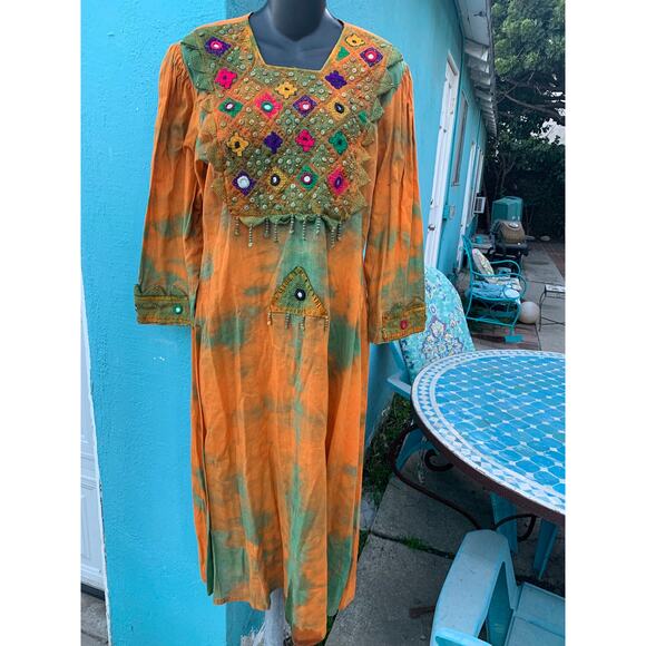 VINTAGE TIE DYE FESTIVAL HIPPIE MIRRORED EMBROIDERED KAFTAN CAFTAN DRESS M/L - Picture 3 of 10